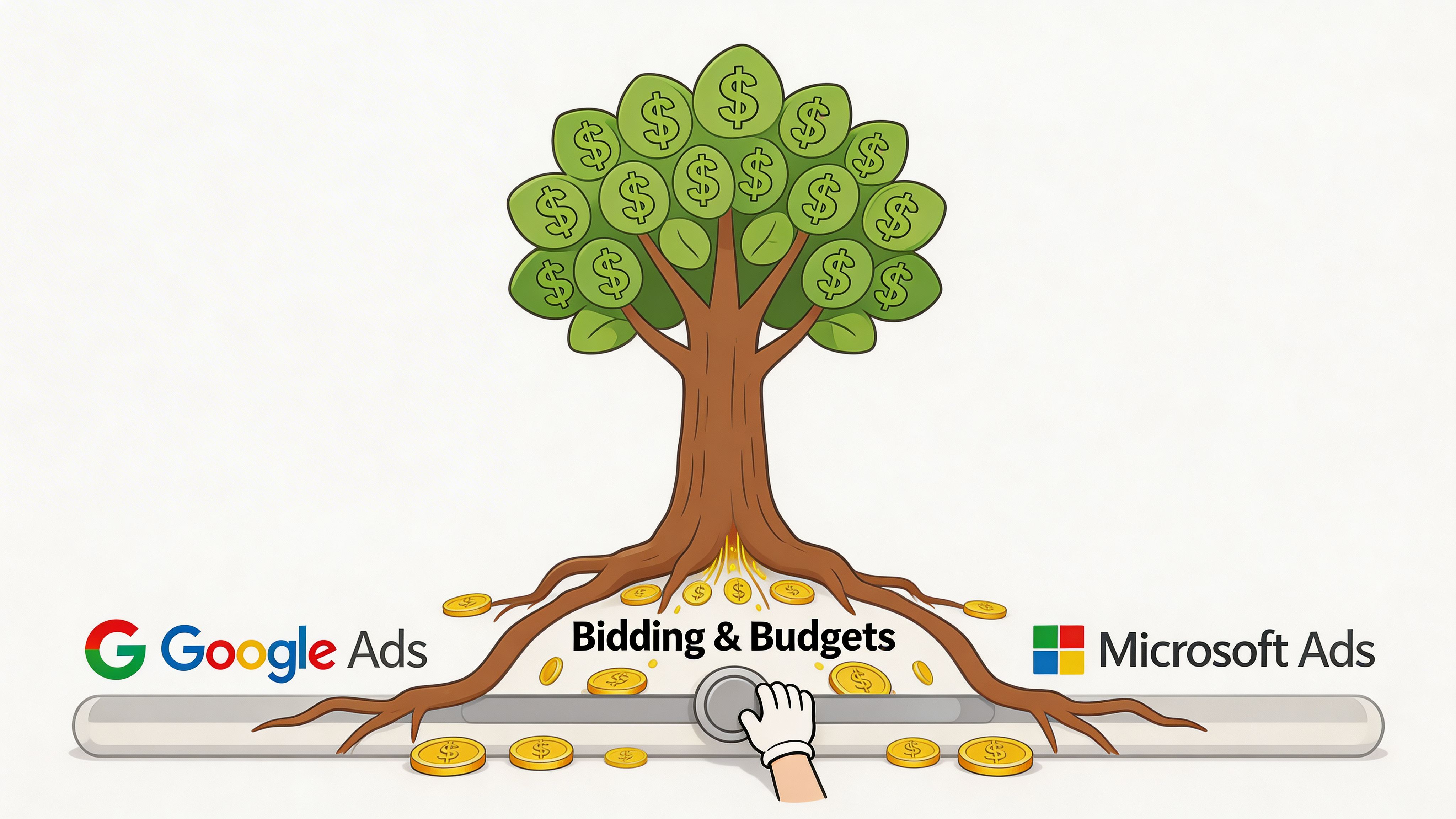 A digital illustration showing a money tree with bidding and budget control sliders for advertising platforms.