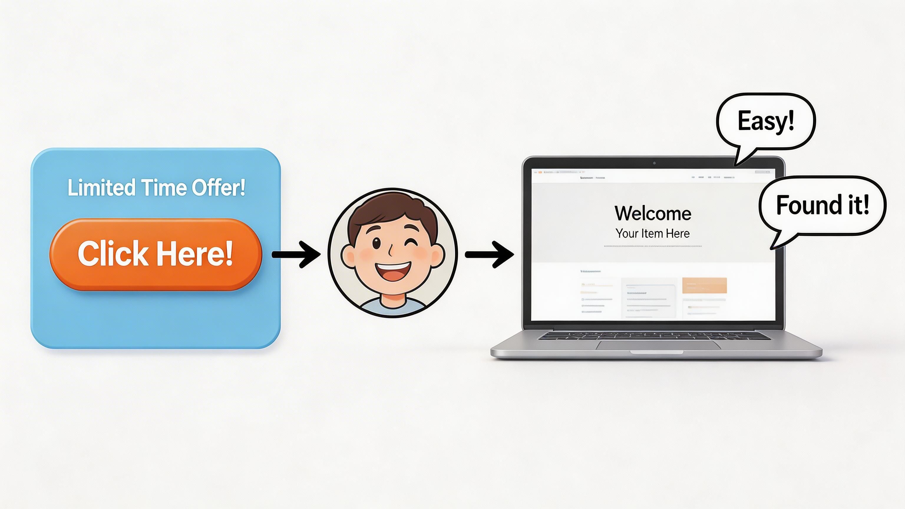 A digital illustration showing a user clicking an advertisement and being directed to a website landing page.