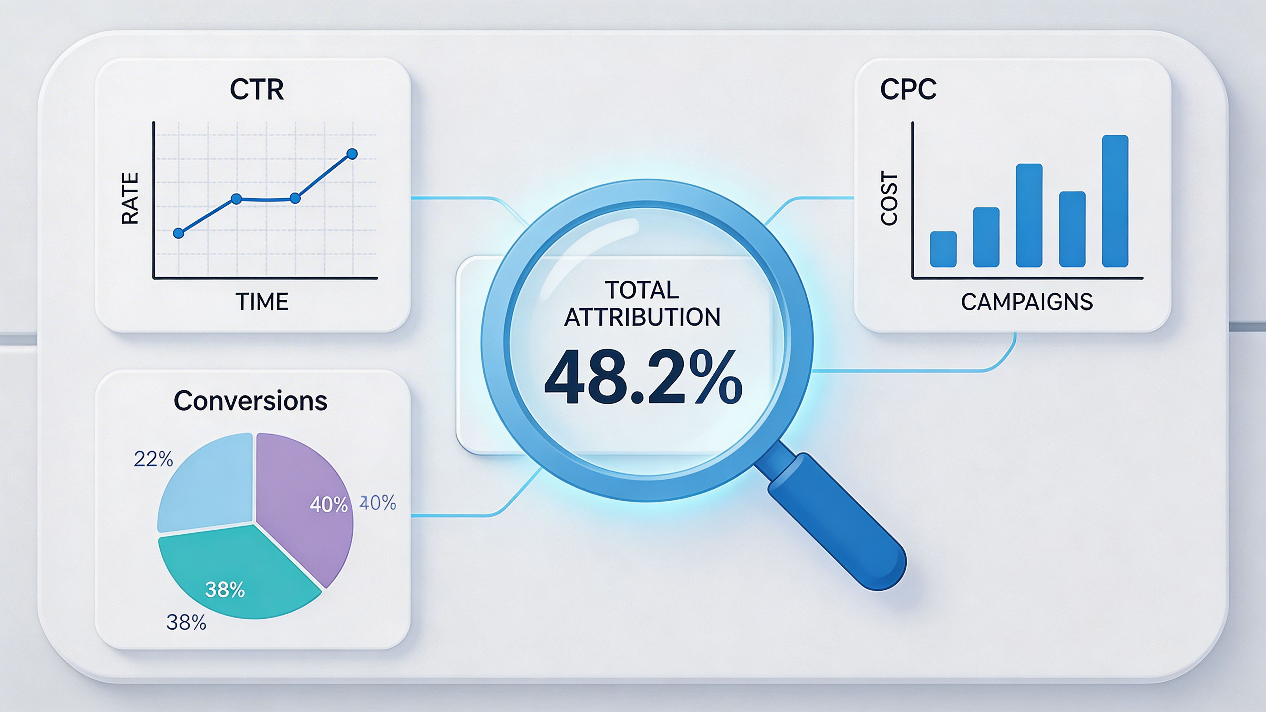 A 3D dashboard displaying digital marketing analytics, including CTR, conversions, CPC, and a total attribution percentage.