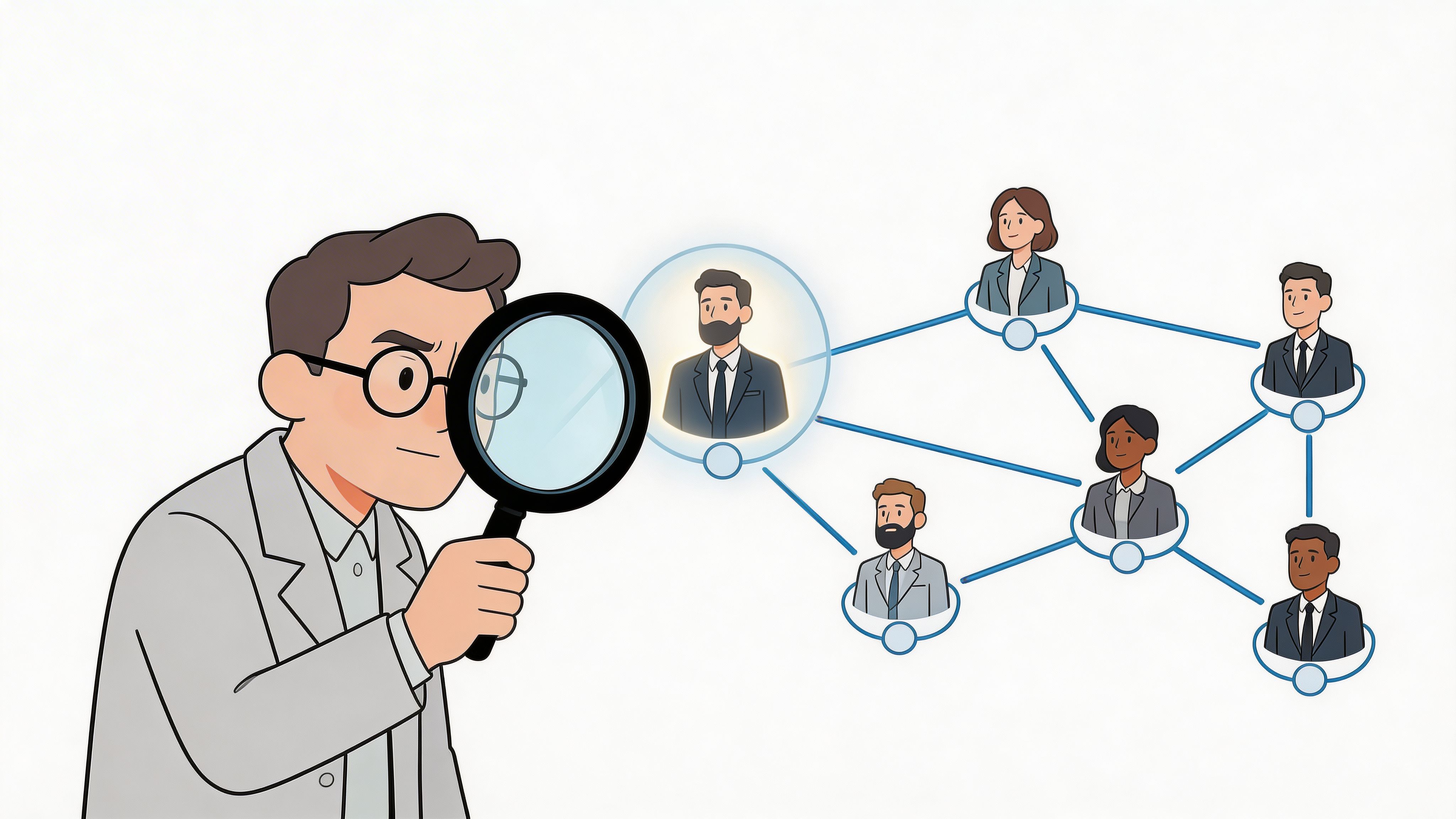 A professional using a magnifying glass to analyze a professional business network connected by digital lines.