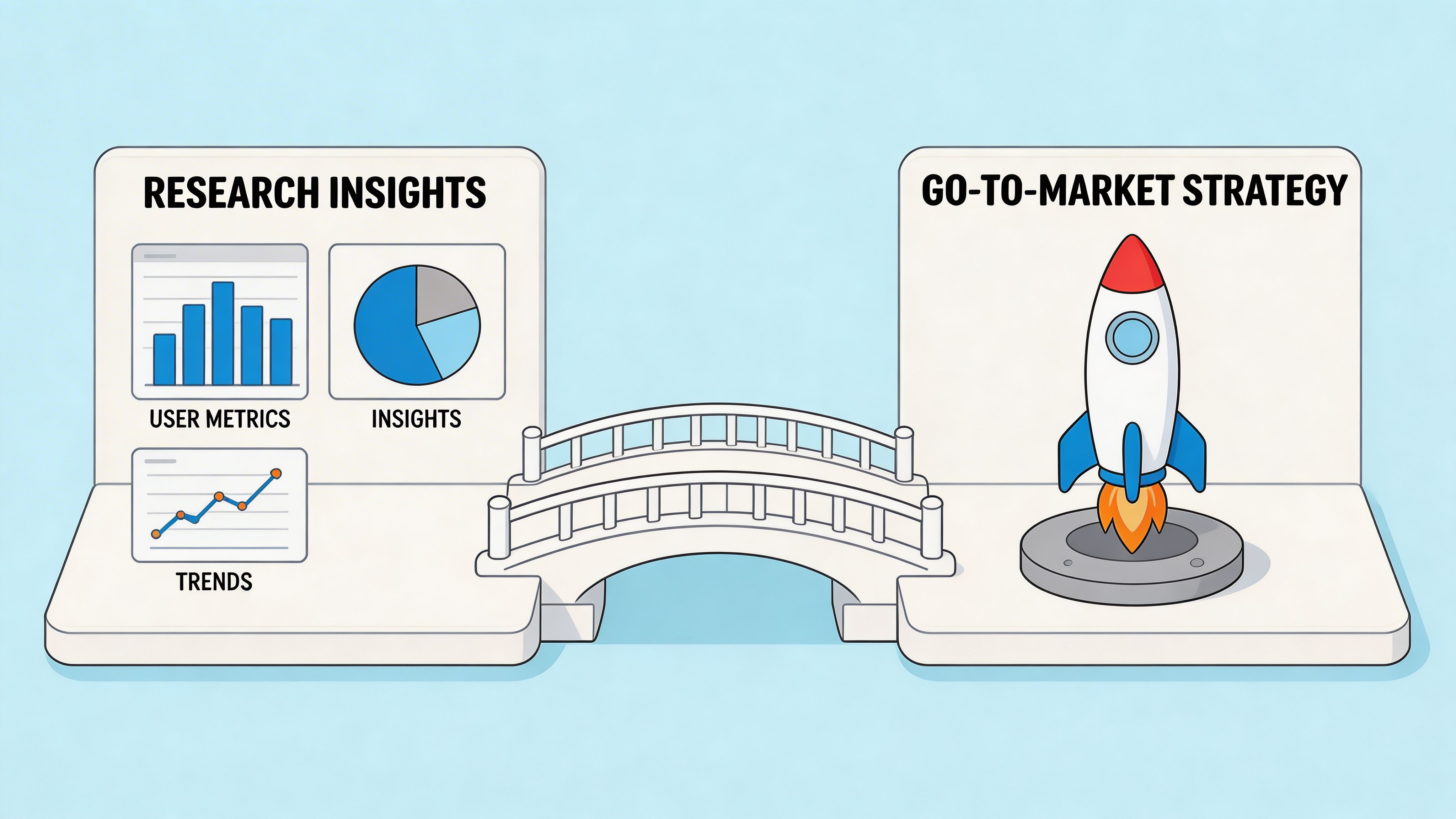 A bridge connecting data-driven research insights on one side to a go-to-market rocket strategy.