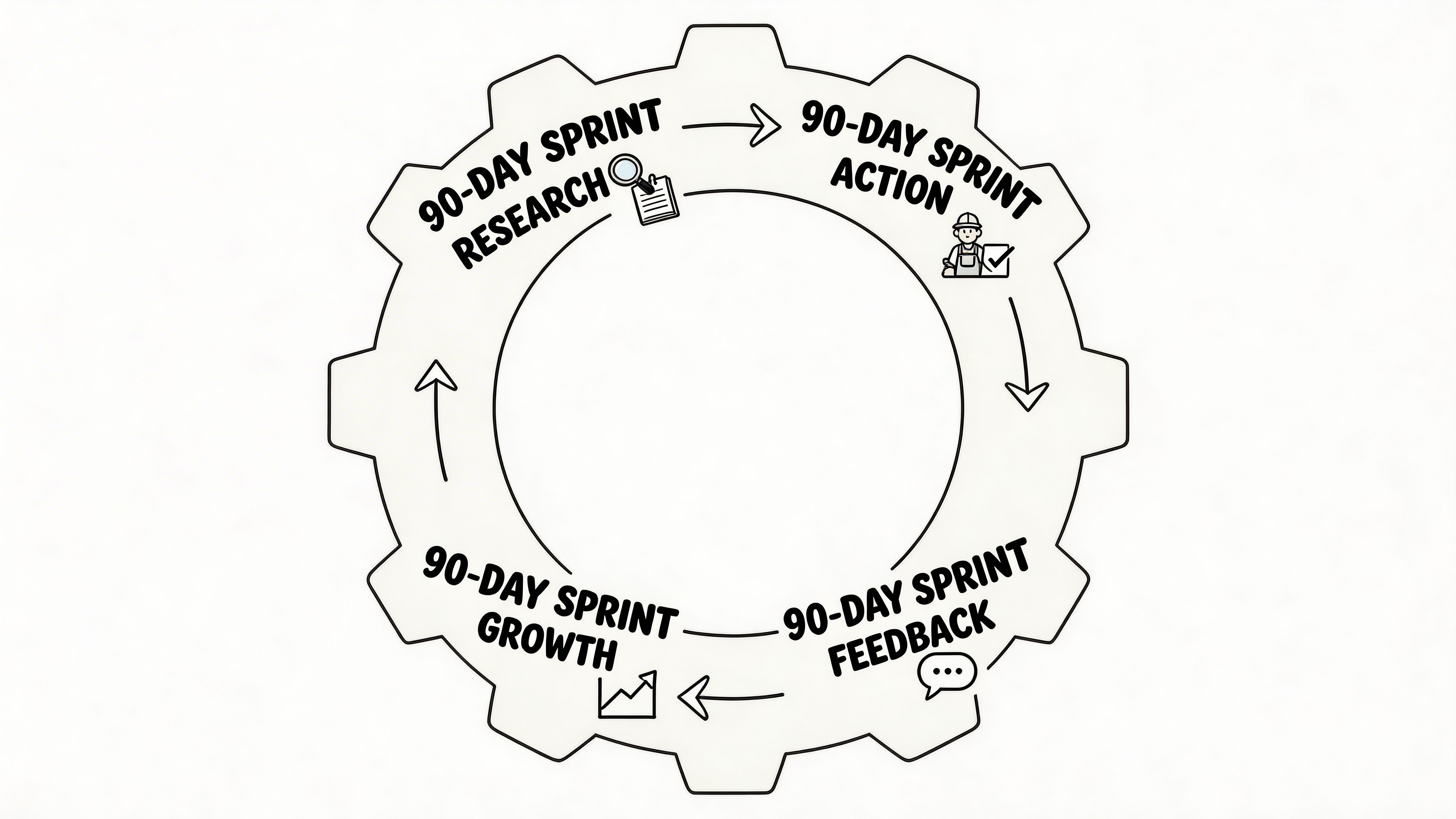 A cyclical gear diagram illustrating the four phases of a 90-day B2B market research sprint process.