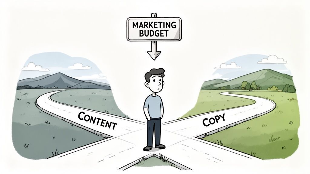 A person standing at a crossroads deciding between allocating a marketing budget to content or copywriting.