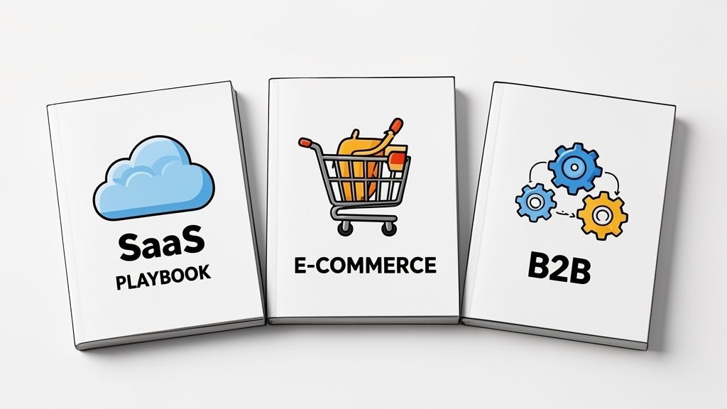 Three professional handbooks displayed side by side representing SaaS Playbook, E-commerce, and B2B marketing strategies.