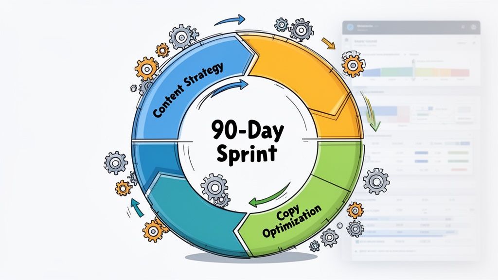 A diagram illustrating a 90-day sprint cycle featuring content strategy and copy optimization phases in a loop.