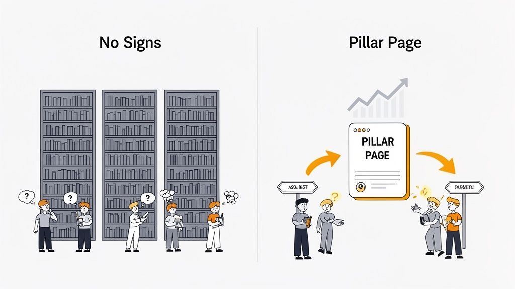 Illustration comparing confused people in a disorganized library to happy people guided by a pillar page.