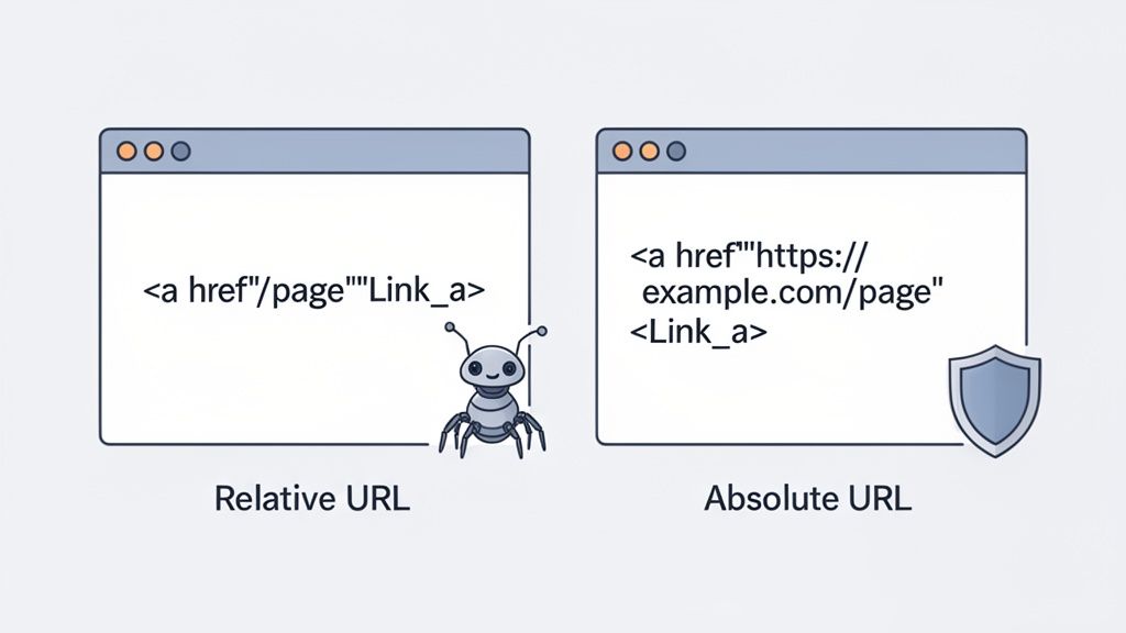 Illustration comparing relative and absolute URLs in HTML code, showing examples with a robot and a shield.