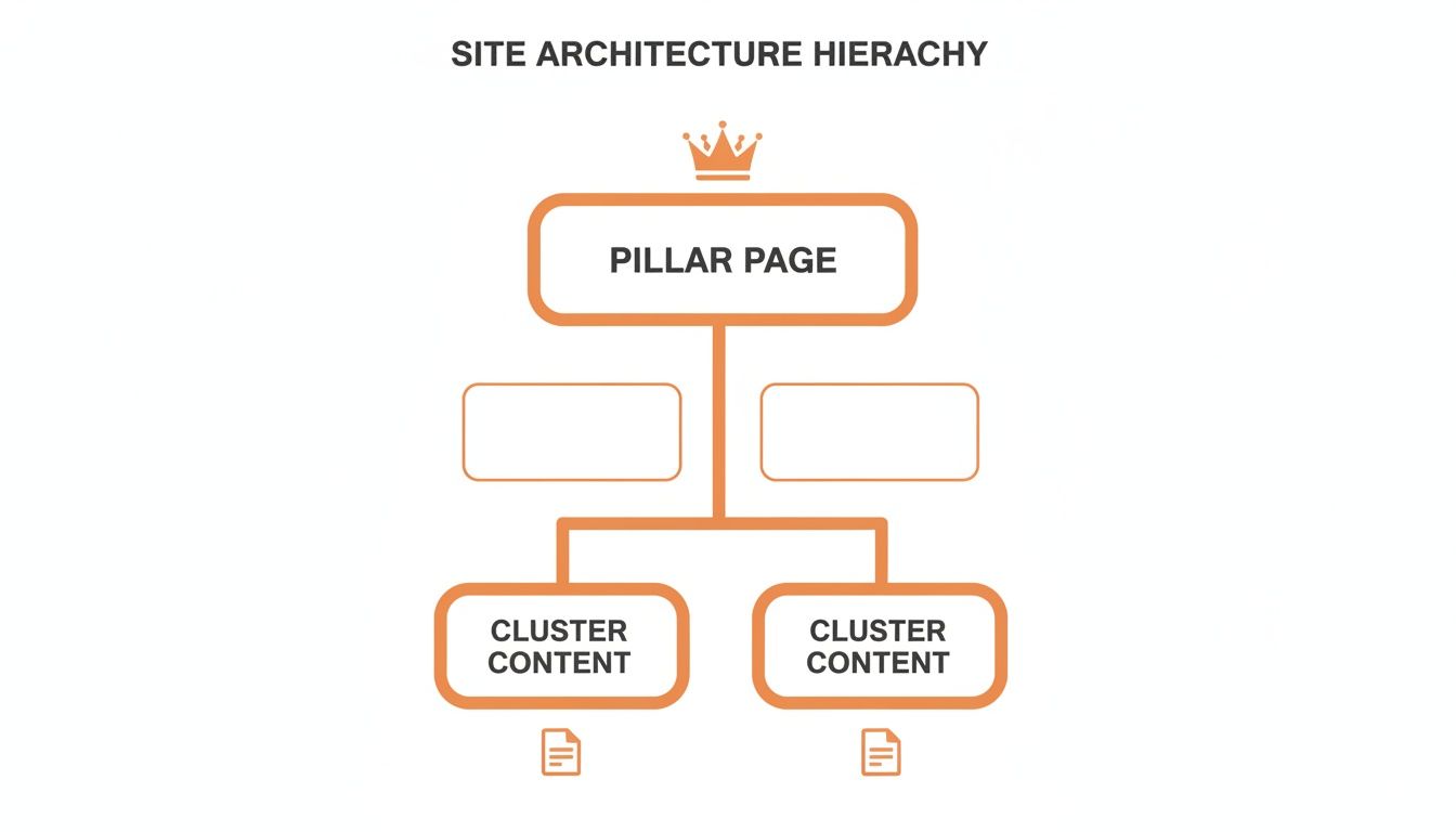 Diagram illustrating a site architecture hierarchy with a pillar page and cluster content.
