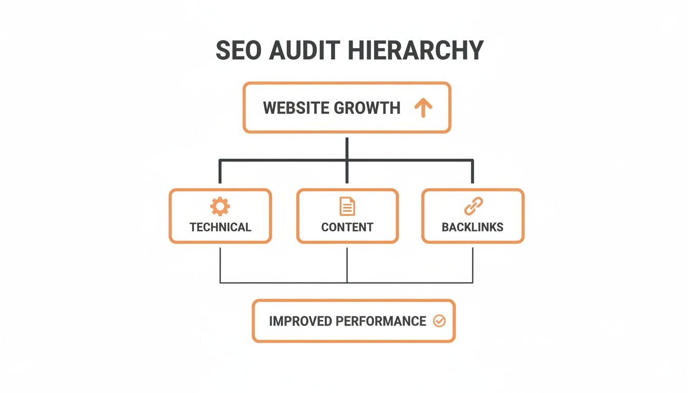 A diagram illustrates the SEO audit hierarchy: Website Growth is achieved through Technical, Content, and Backlinks, leading to Improved Performance.