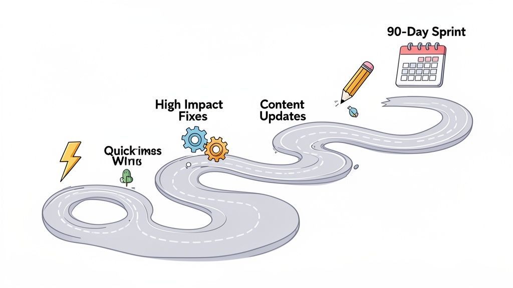 Illustration of an SEO project roadmap showing quick wins, high impact fixes, content updates, and a 90-day sprint.