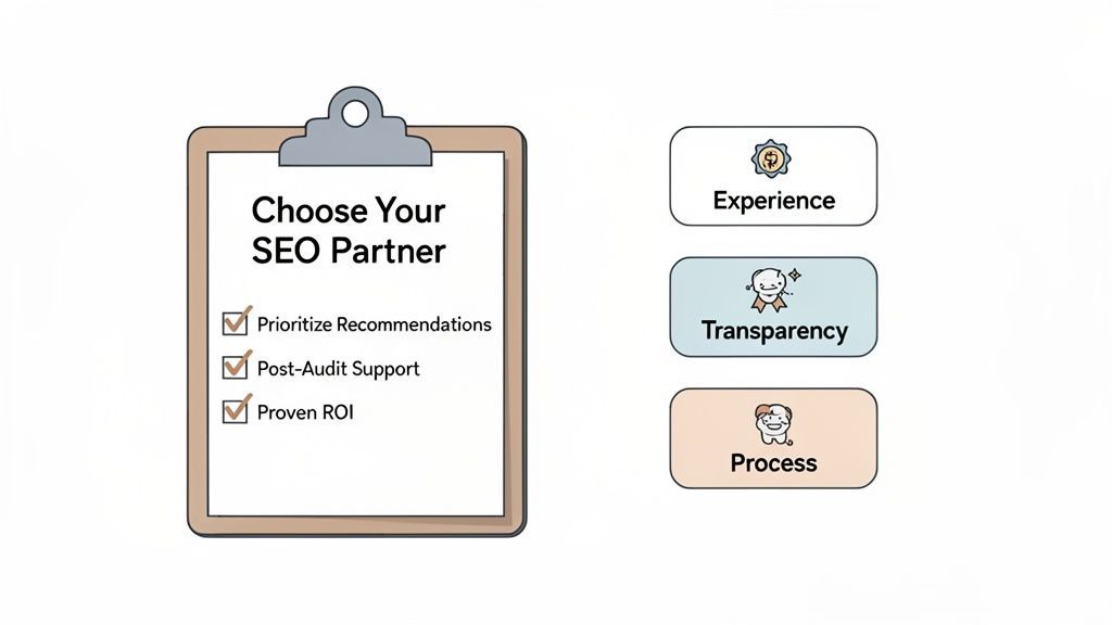 A graphic showing a clipboard with SEO partner checklist items and three key qualities: Experience, Transparency, Process.