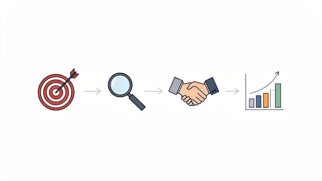 A visual process showing target, research, handshake, and a growth chart, symbolizing business success.