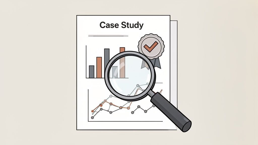A magnifying glass examines a 'Case Study' document displaying charts, with a checkmark badge.