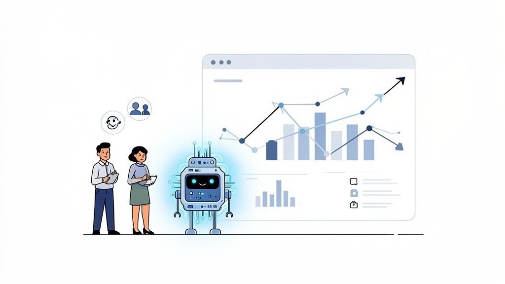 Illustration of people and a robot analyzing data on a screen with charts, symbolizing AI in business growth.