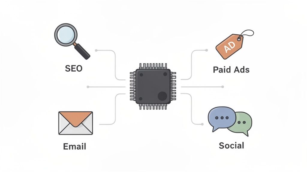 A diagram showing a microchip centralizing and connecting four key digital marketing channels: SEO, Paid Ads, Email, and Social.