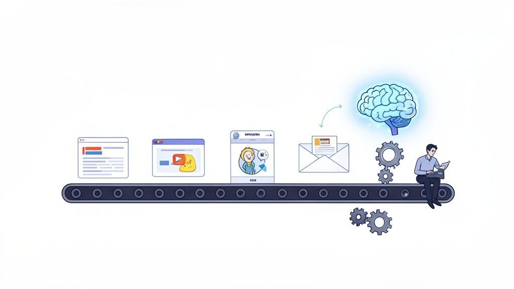 Conveyor belt showing digital content, video, social media, and email processing with AI and human interaction.
