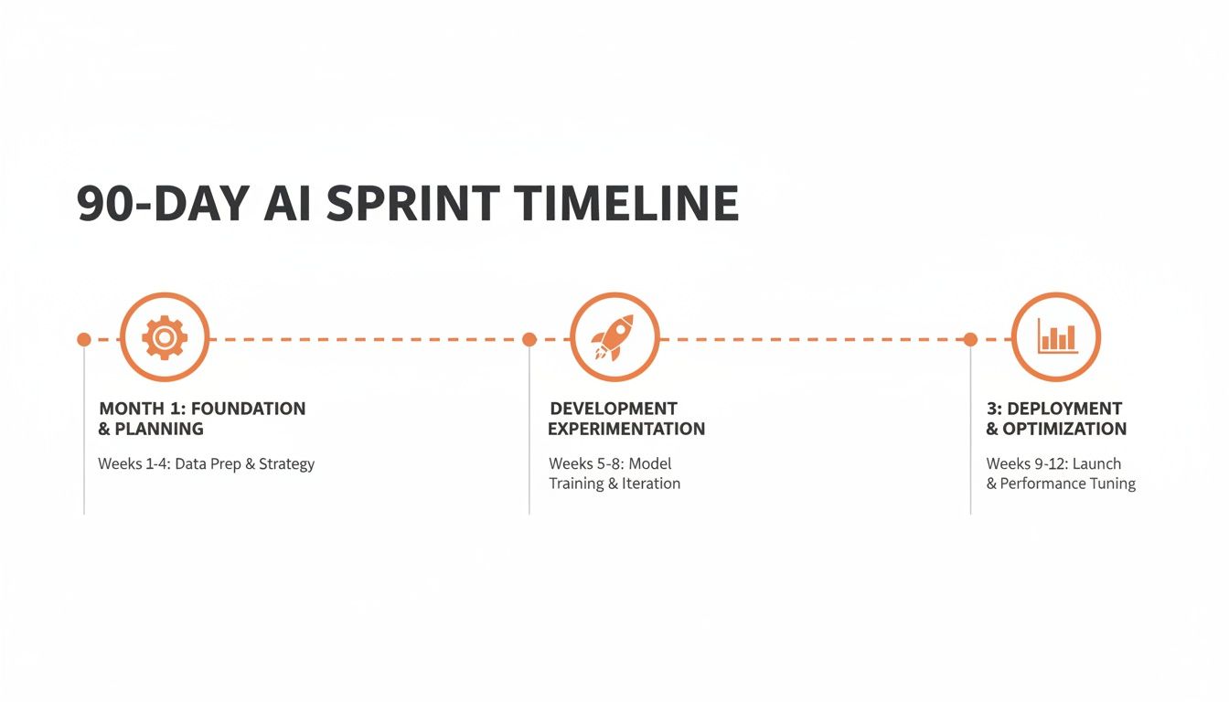 90-day AI sprint timeline detailing three phases: foundation &amp; planning, experimentation, and deployment &amp; optimization.