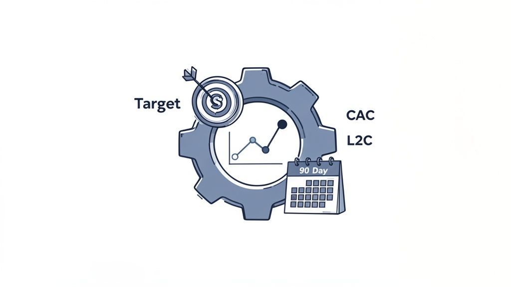 Illustration of business metrics process with gear, target, graph, 90-day calendar, CAC, L2C text.