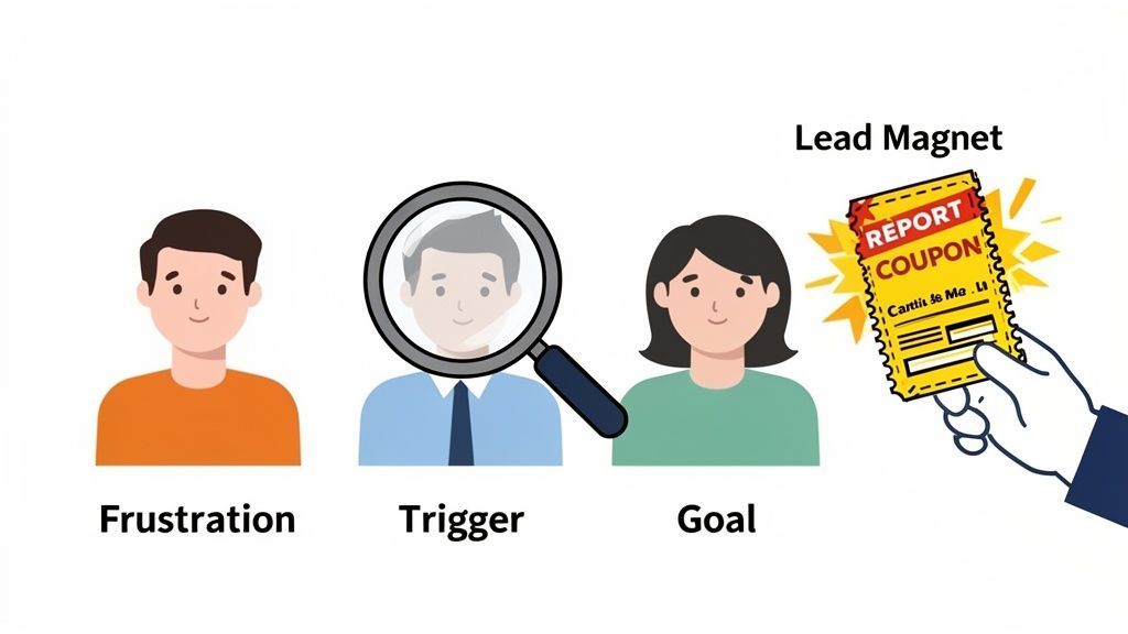 Illustration of marketing strategy identifying customer frustration, trigger, goal, and offering a lead magnet.