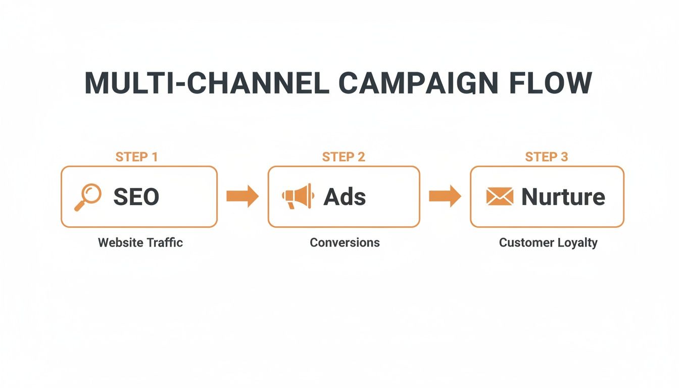 A three-step multi-channel campaign flow diagram: SEO for website traffic, Ads for conversions, and Nurture for customer loyalty.