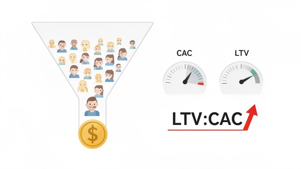 Marketing funnel showing lead conversion to customers, alongside gauges for high CAC, high LTV, and an increasing LTV:CAC ratio.