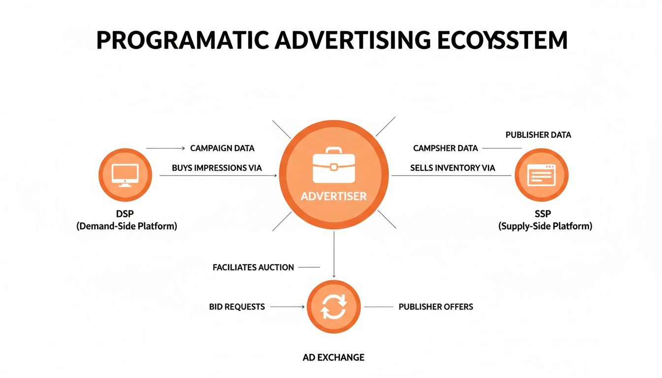 Diagram illustrating the programmatic advertising ecosystem showing Advertiser interacting with DSP, SSP, and Ad Exchange.