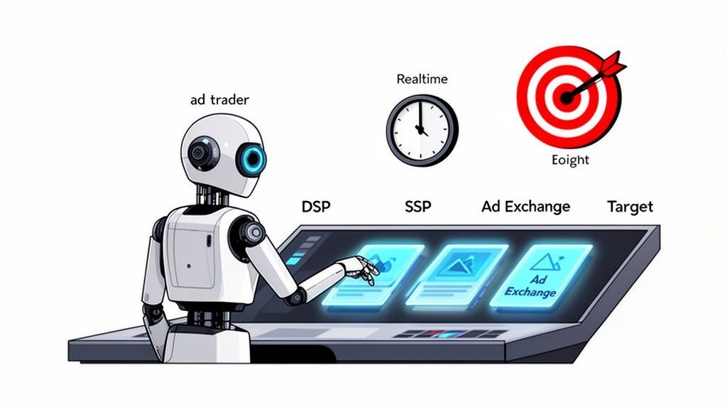 A robot "ad trader" manages programmatic advertising components like DSP, SSP, and Ad Exchange in real-time for targeting.