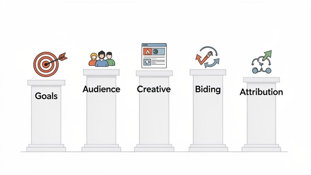 Five pillars representing key components of advertising: Goals, Audience, Creative, Bidding, and Attribution.