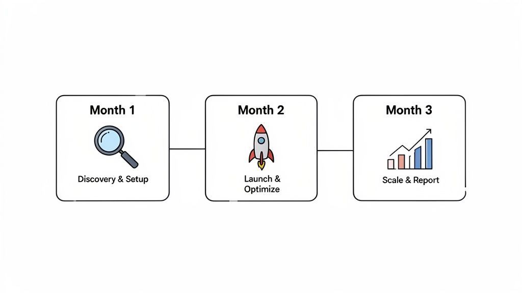 A three-month strategic process with phases: Month 1 Discovery &amp; Setup, Month 2 Launch &amp; Optimize, Month 3 Scale &amp; Report.