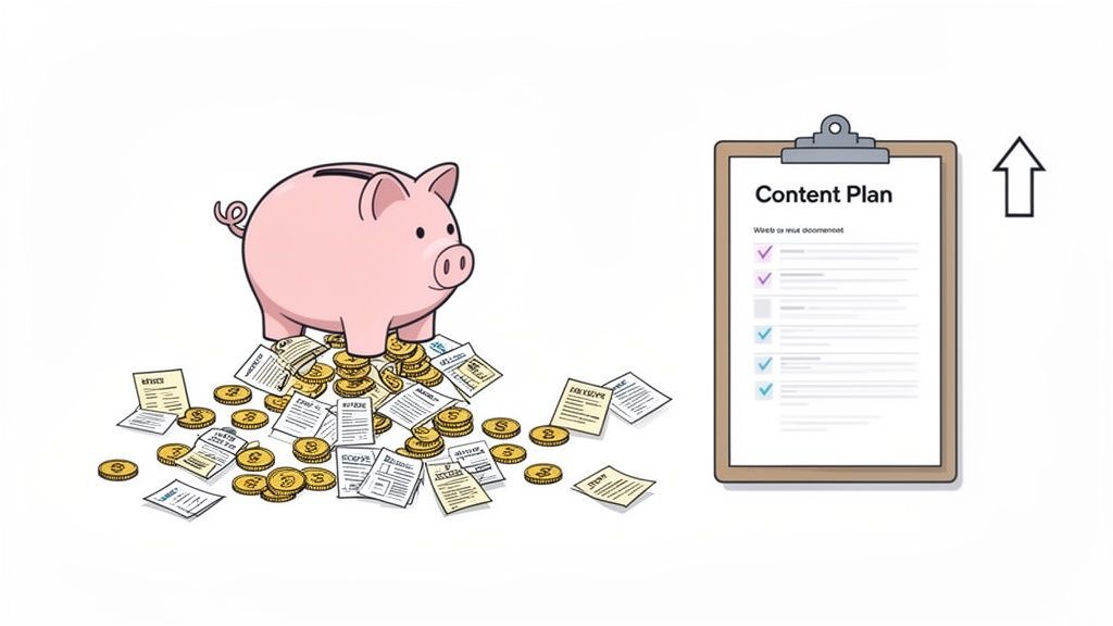A piggy bank overflowing with coins and documents next to a clipboard with a 'Content Plan' and an upward arrow.