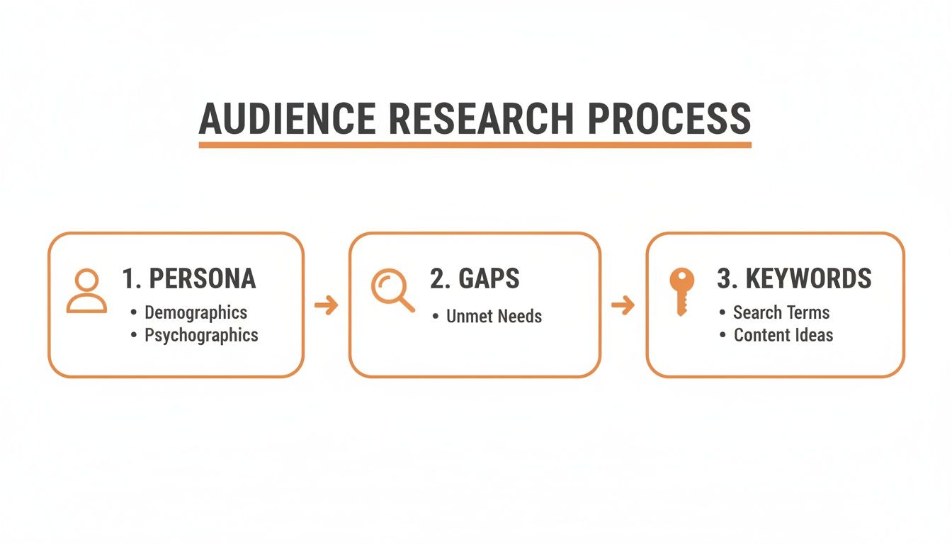 Flowchart illustrating the audience research process with steps: Persona, Gaps, and Keywords.