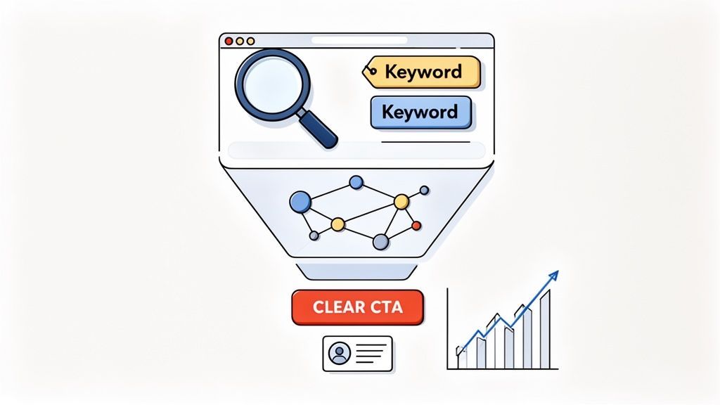 Illustration of keyword research, data analysis, a clear call to action, and performance growth.
