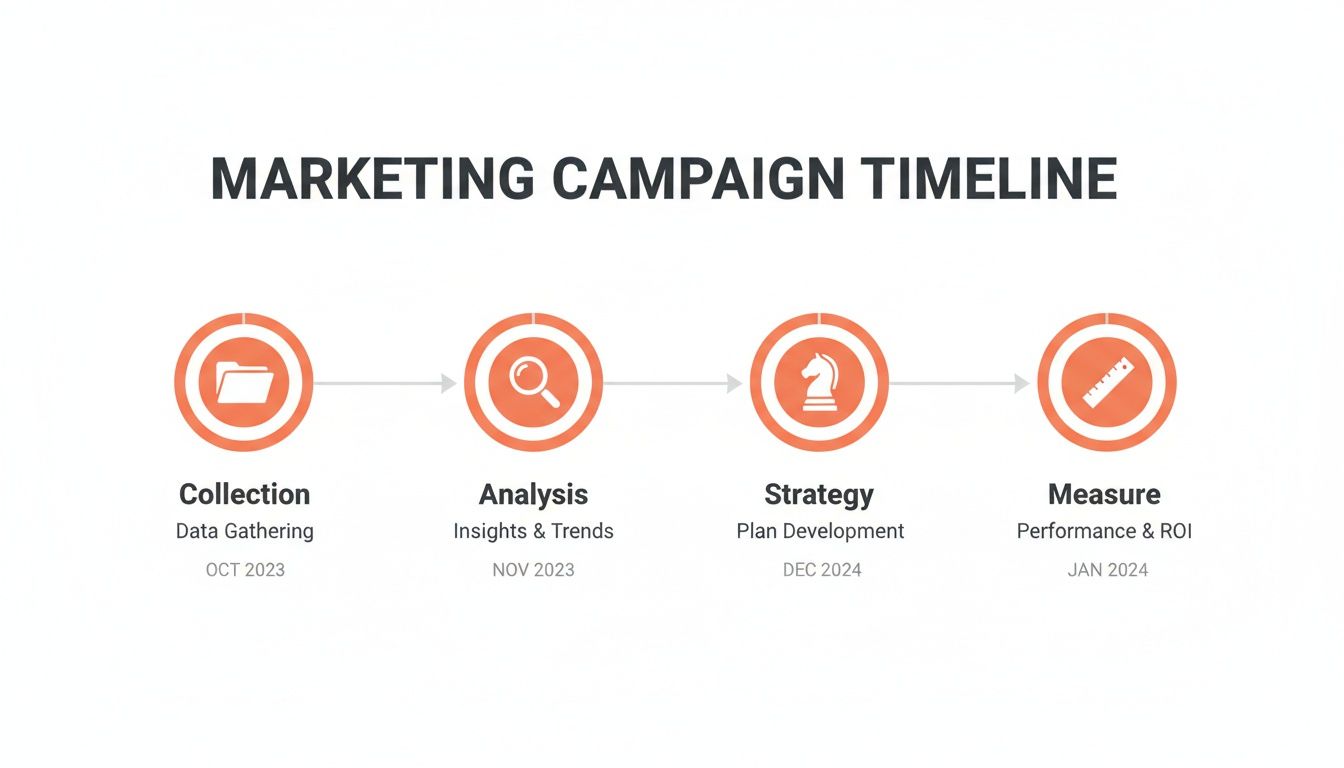 A marketing campaign timeline infographic showing four steps: Collection, Analysis, Strategy, and Measure, with dates.