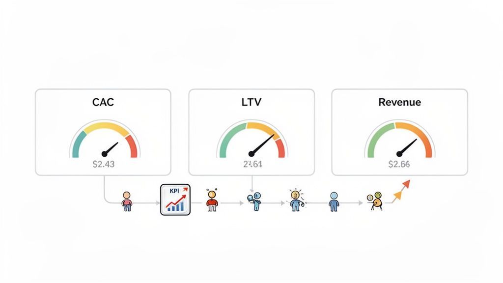 Dashboard with CAC, LTV, and Revenue gauges, illustrating a data-driven marketing process.