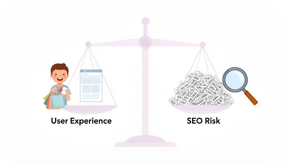 A balance scale weighing user experience (happy shopper, website) against SEO risk (documents, magnifying glass).