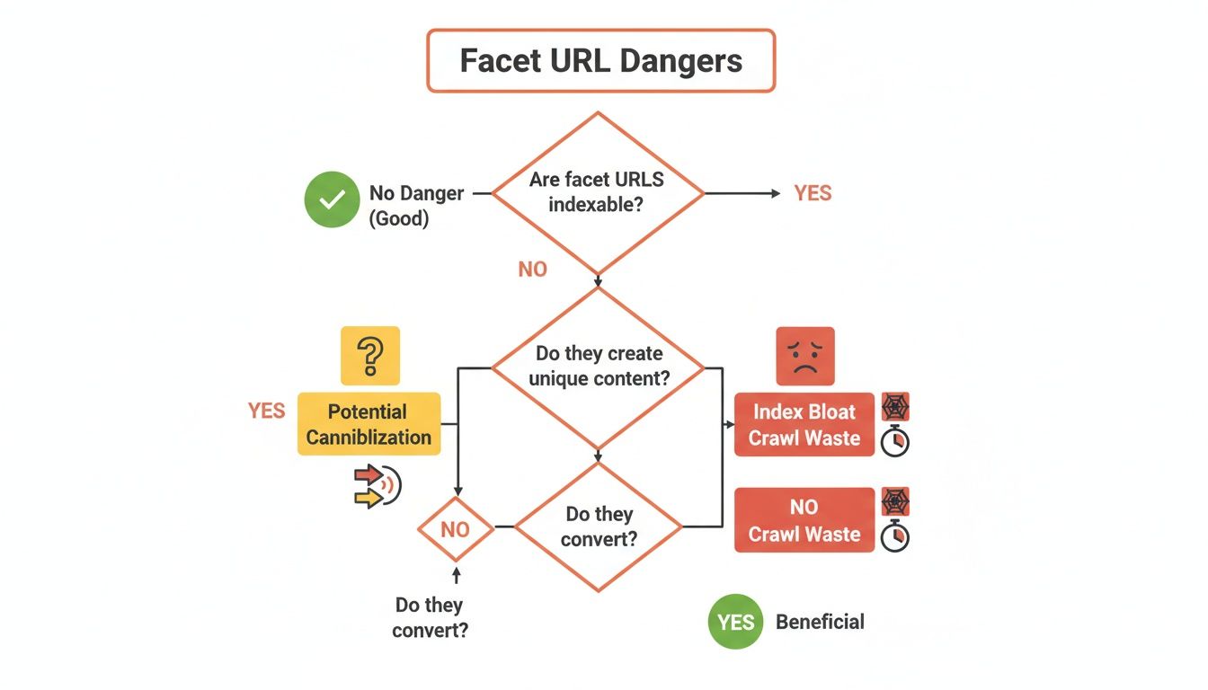 Flowchart outlining the dangers and benefits of facet URLs in SEO, based on indexability, content, and conversion.