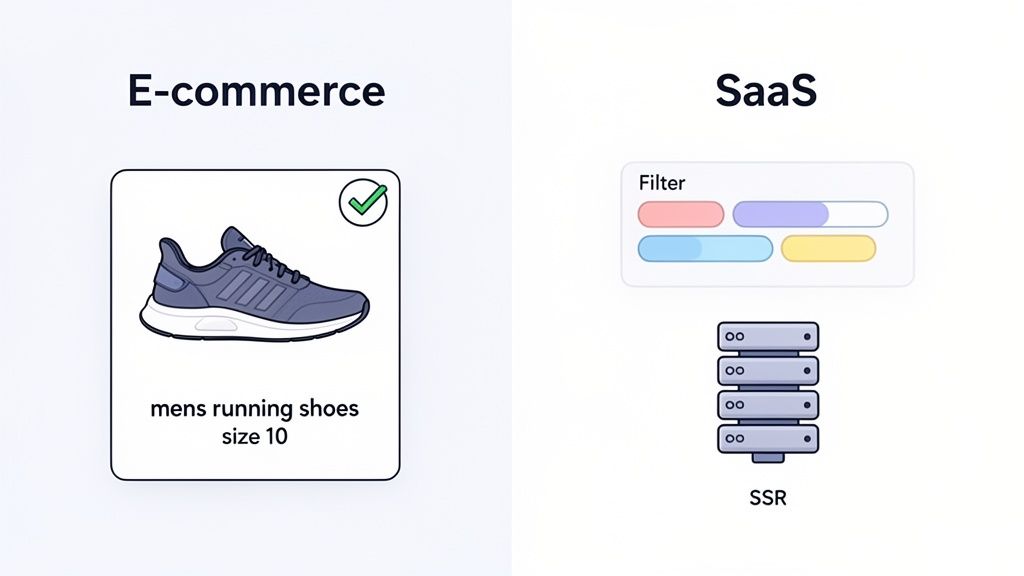 Comparison of e-commerce product display for running shoes and SaaS application filter with SSR servers.