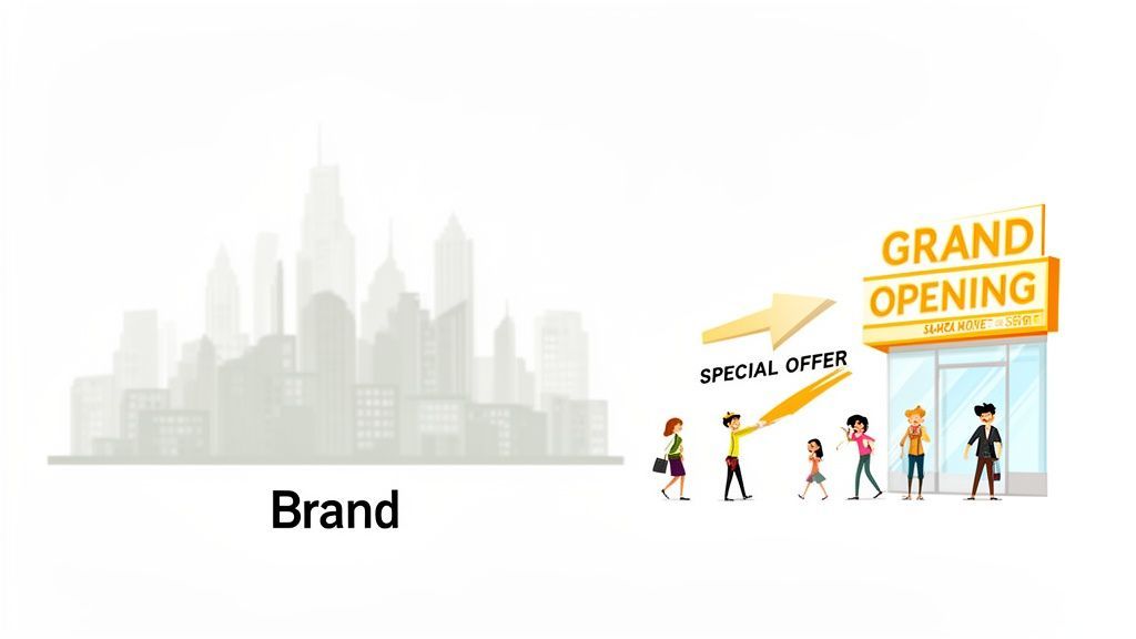 Illustration of a brand's grand opening event, with people walking towards a store offering a special deal.