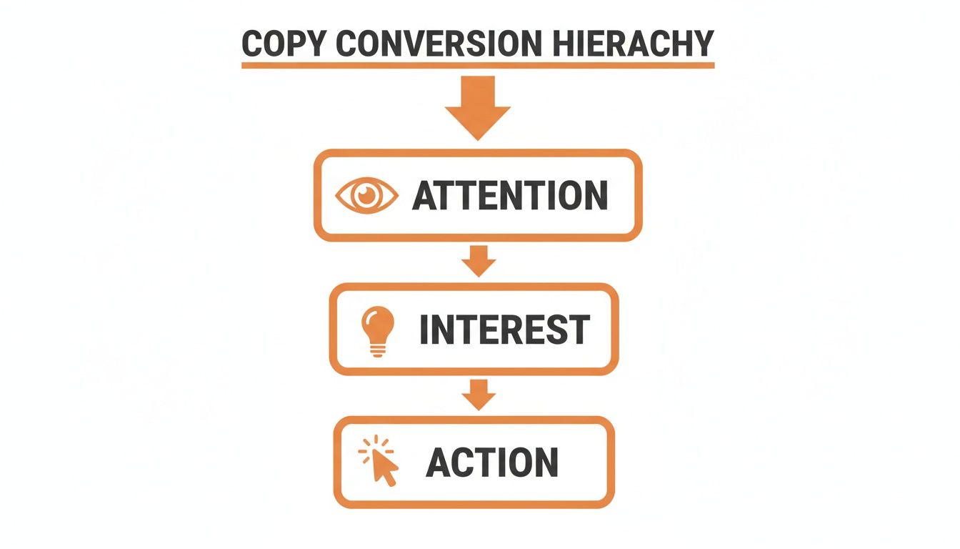 Diagram illustrating the copy conversion hierarchy: attention (eye), interest (lightbulb), and action (click).