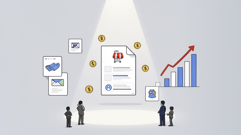 Business people analyze a shopping feed document with dollar signs, a growth chart, and related icons.