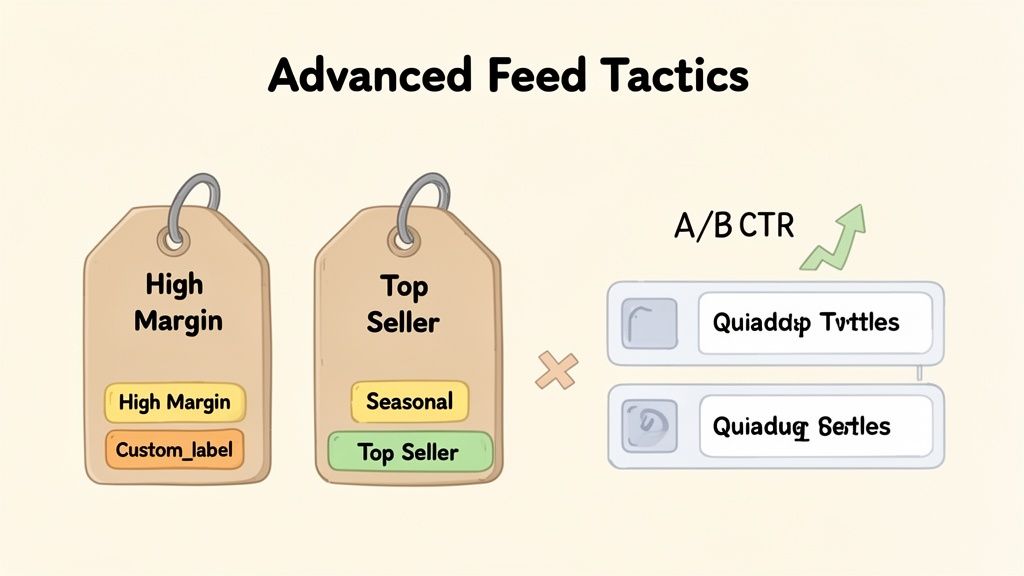 Diagram illustrating advanced product feed tactics including dynamic tagging and A/B testing for improved CTR.