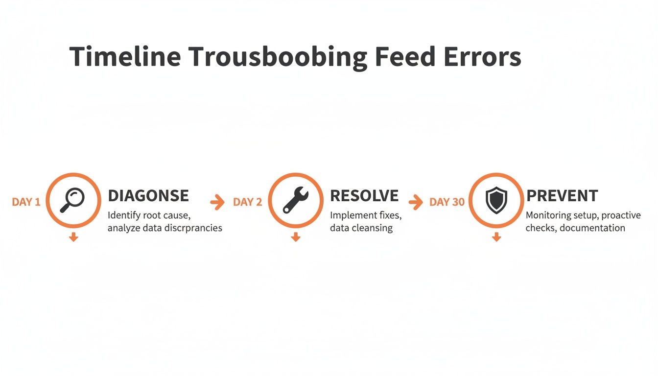 Timeline showing three steps to troubleshoot feed errors: diagnose, resolve, and prevent.