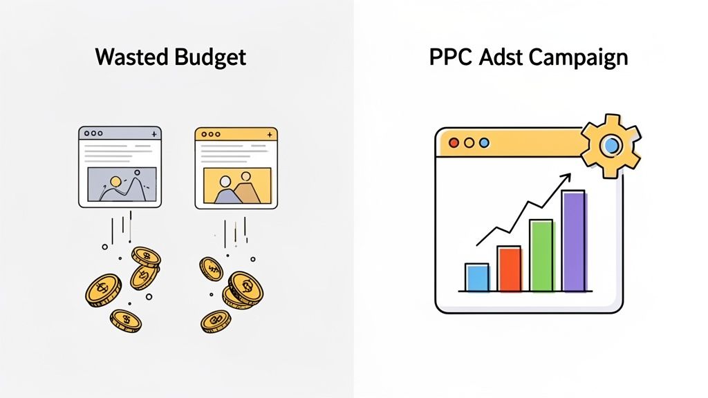 Illustration contrasting wasted ad budget from poor campaigns with a successful, optimized PPC ad campaign.