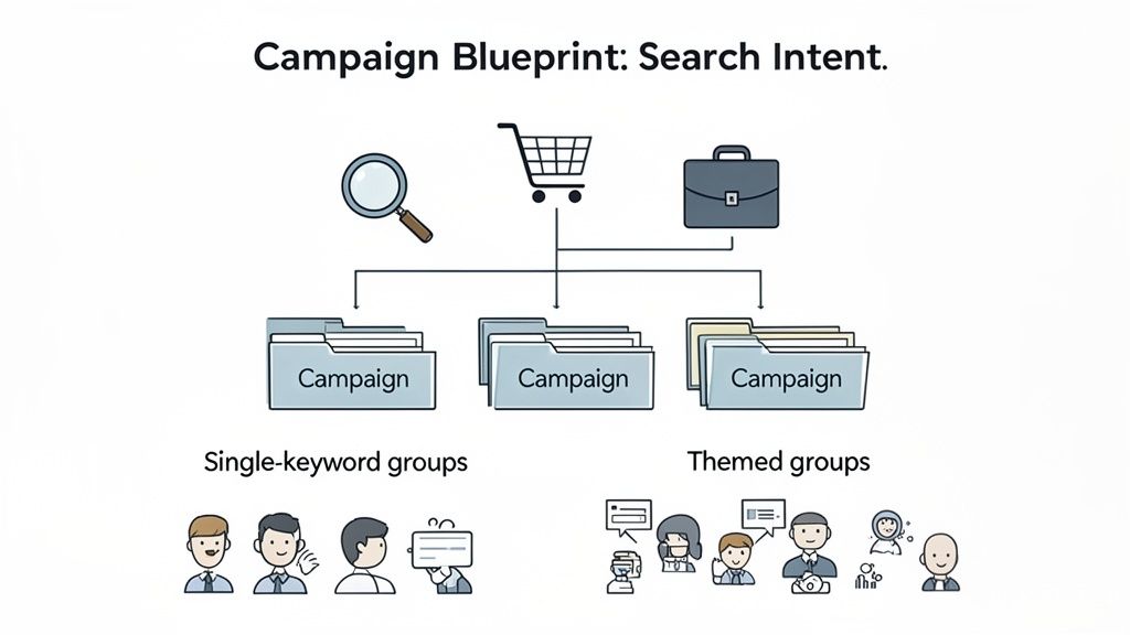 Diagram showing a campaign blueprint based on search intent, leading to single-keyword and themed ad groups.