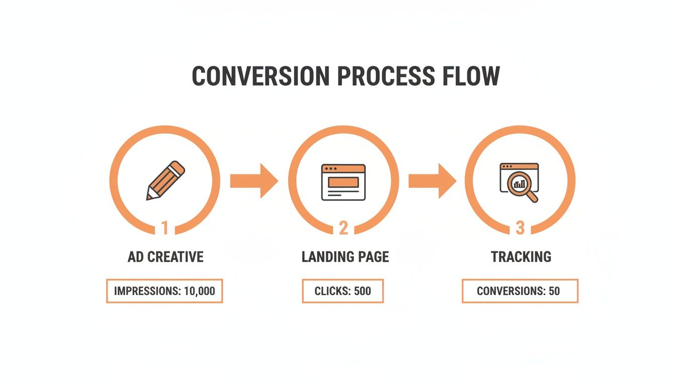 A marketing conversion process flow diagram illustrating ad creative, landing page, and tracking with key metrics.