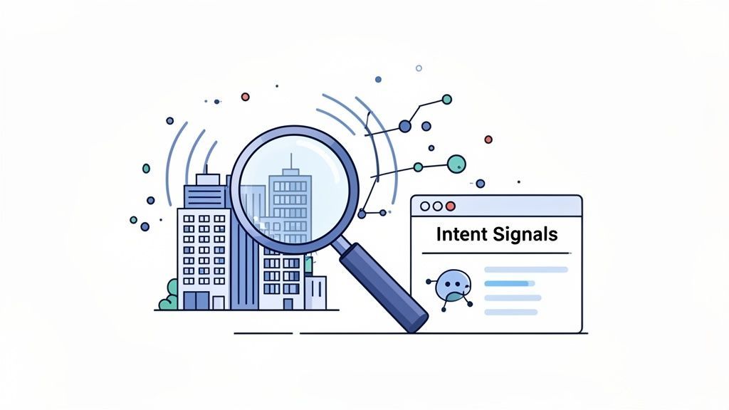 A magnifying glass analyzing buildings and digital intent signals in a browser window, illustrating B2B data analysis.
