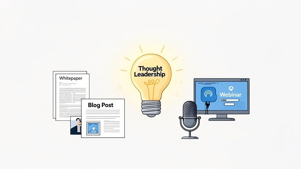 Illustration of a 'Thought Leadership' lightbulb, surrounded by content like whitepapers, blog posts, webinars, and podcasts.
