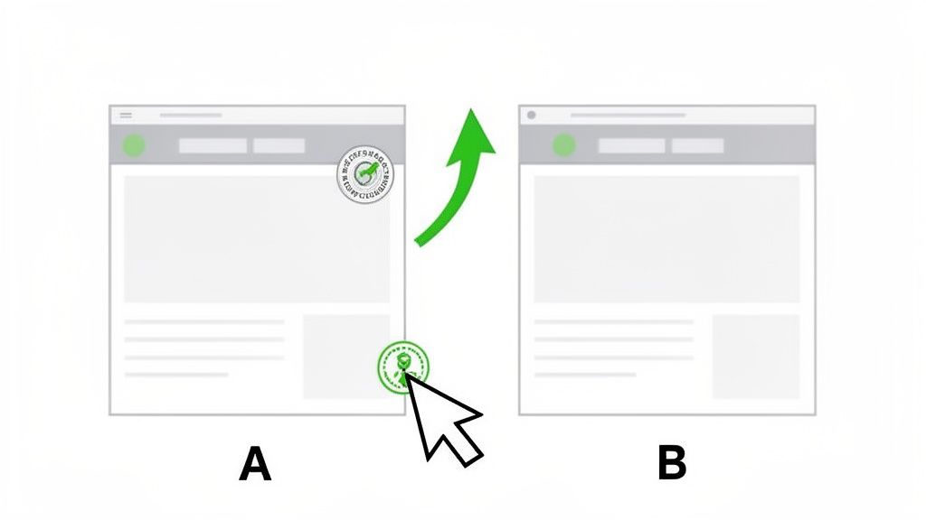 Mouse cursor clicks a green WoopfrClub icon on a webpage, showing a digital interaction flow.