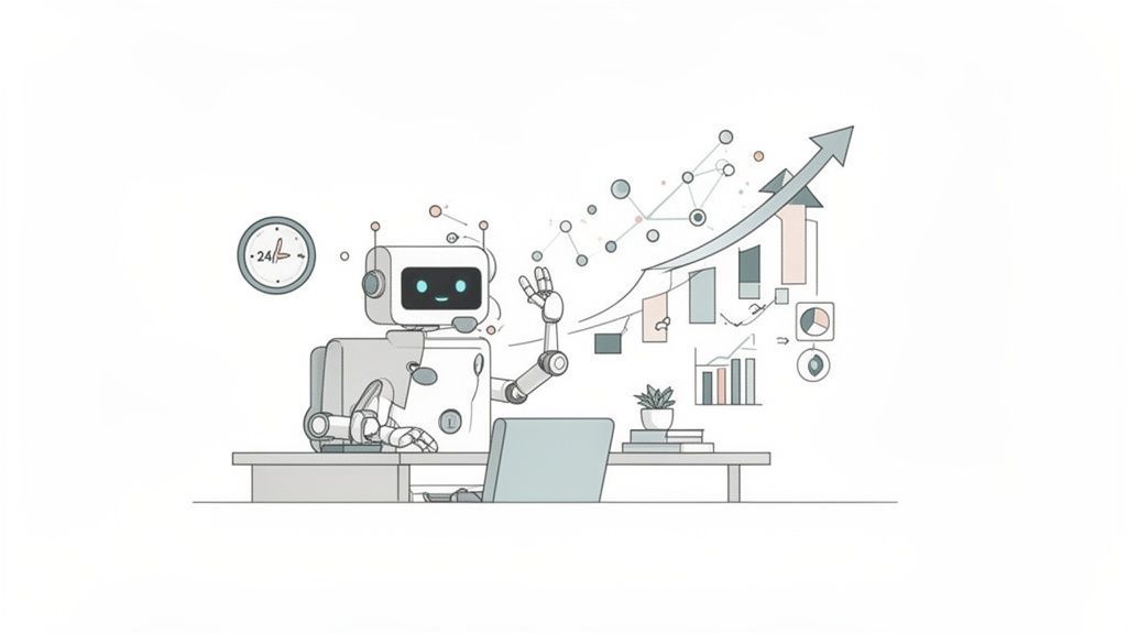 A friendly robot at a desk with a laptop, surrounded by charts and graphs depicting business growth.