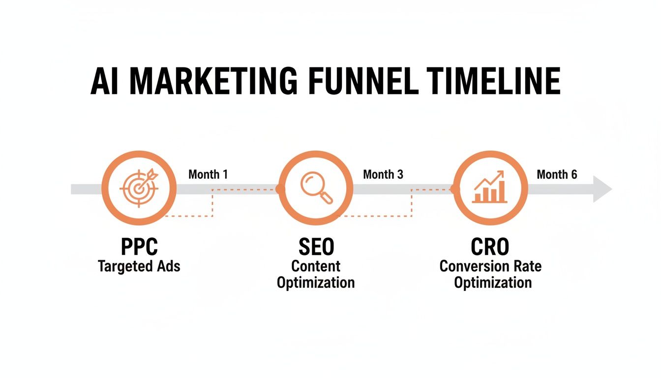 AI Marketing Funnel Timeline illustrating PPC, SEO, and CRO stages over a 6-month period.